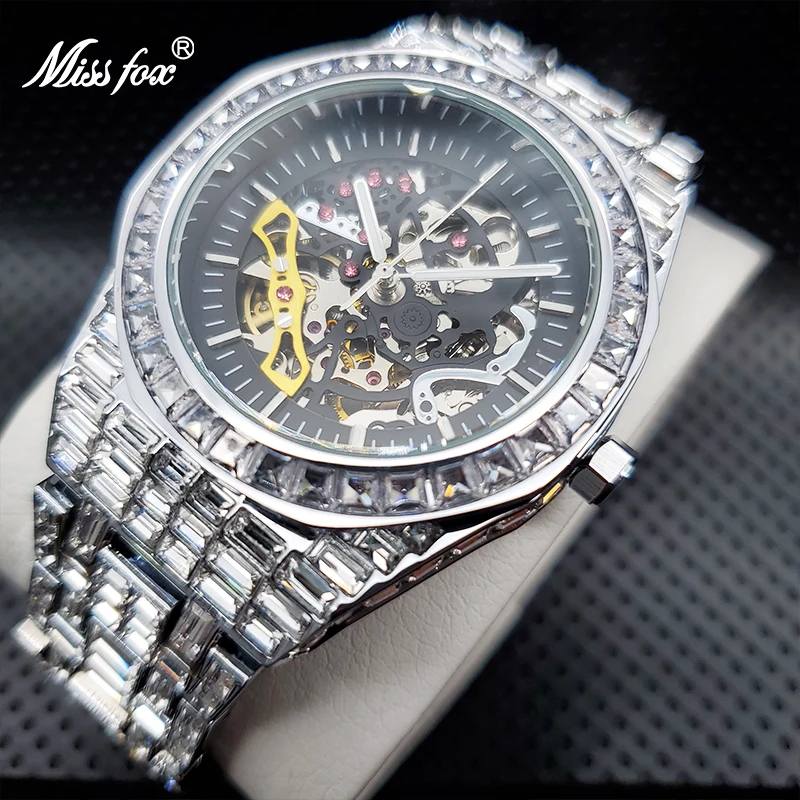 Relógio esqueleto de luxo com baguette bezel pulseira mecânica masculino relógios de pulso marca superior diamante gelo fora novos relógios