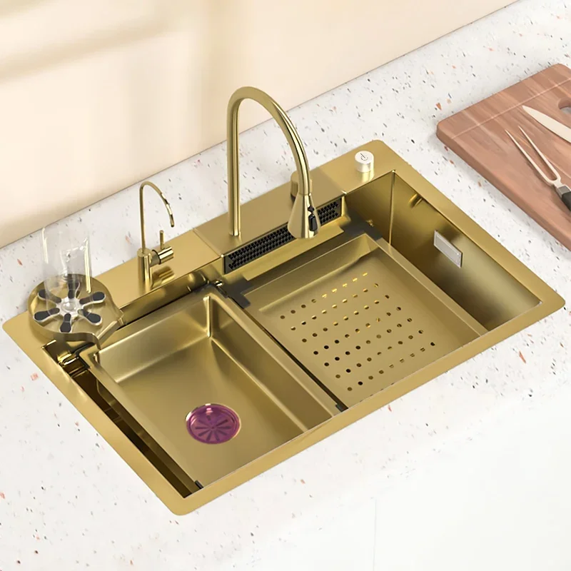 

Waterfall Kitchen Sink Gold Nano 304 Stainless Steel Sink Large Single Bowl Modern Multifuctional Washbasin