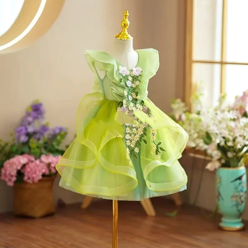 JDY Custom Girls' Green Forest Princess Dress, Cute Fluffy Dance Costume & Kids' Performance Outfit, Perfect for First Christmas