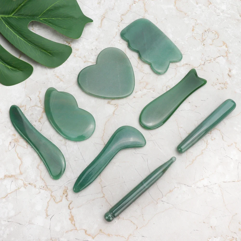 Green Aventurine Natural Jade Stone Gua Sha Massage Scraping Board Acupoint Plate SPA Therapy for Face Eyes Leg Body Health Care