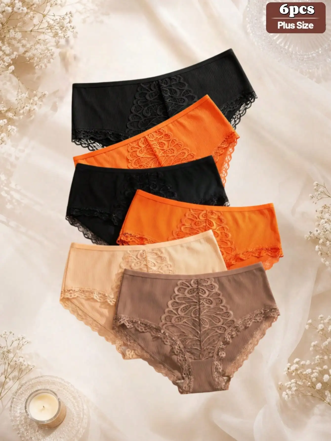 6Pcs Plus Size Floral Lace Trim Mid Rise Panty Set, Women Solid Ribbed Knit Briefs, Elegant Multi Color Daily Fashion Intimate U