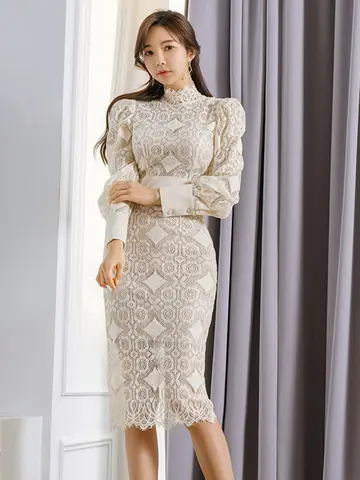 Ny ankomst mode koreansk stil festklänning kvinnor elegant höst puffärm perspektiv temperament vit spets penna klänning 10 best sales vita spetsklänningar - №2
