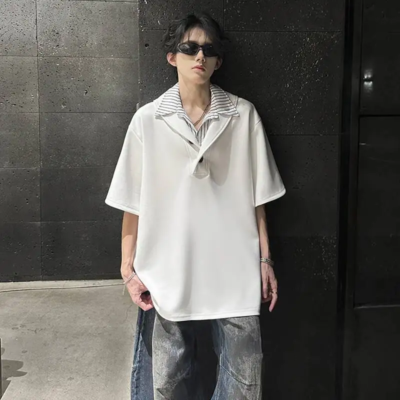 LUZHEN 2026 Summer Fake Two Piece Design Double Layer Collar Short Sleeve T-shirts Men's Trendy Loose Shoulder Pad Tops JY7264
