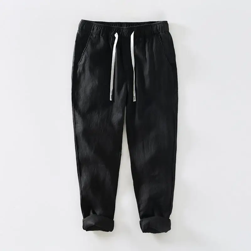 

L8236 Men's Casual Pants Simple Linen Breathable Trousers mid Waist Straight Leg Comfortable Summer New Sle Pure Color