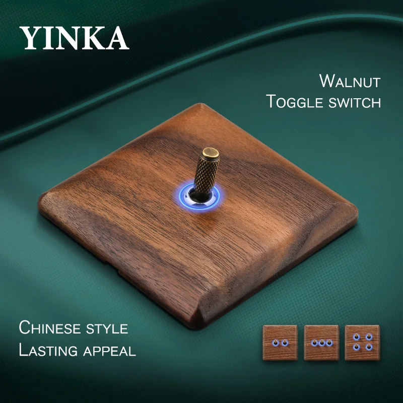 YINKA Walnut Wood Retro classical Toggle Light Switch Panel Home Retro LED Indicator EU FR UK Universal Electrical Socket Vintag