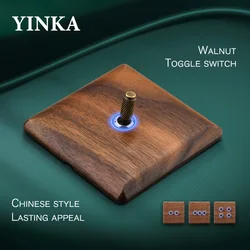 YINKA Walnut Wood Retro classical Toggle Light Switch Panel Home Retro LED Indicator EU FR UK Universal Electrical Socket Vintag