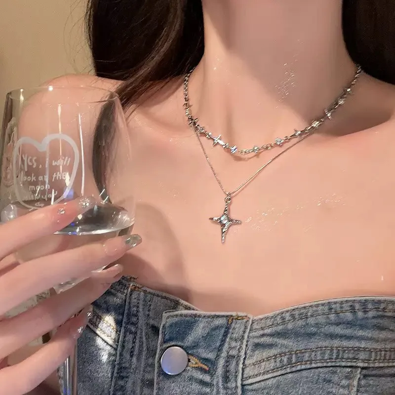 Moonstone Choker Double Layered Star Design Edgy Unique Premium Lightweight Silver Tone Alloy Chain Versatile Jewelry for Women