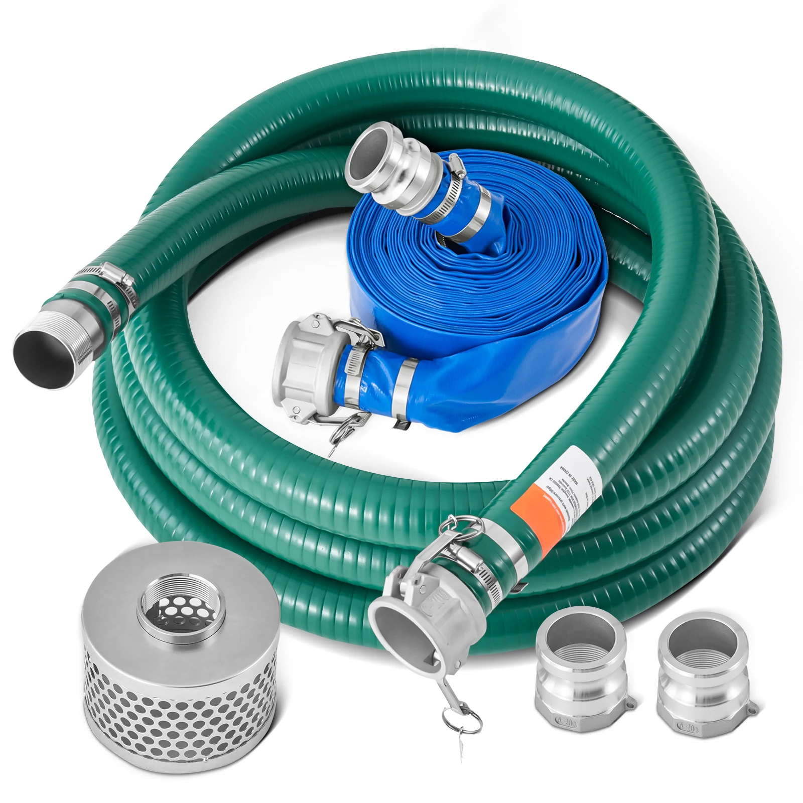 SucceBuy Suction Hose Kit 2inx50ft / 2inx65ft Blue Backwash Hose, 20ft Green Suction Hose & Multiple Accessories for Water Pump