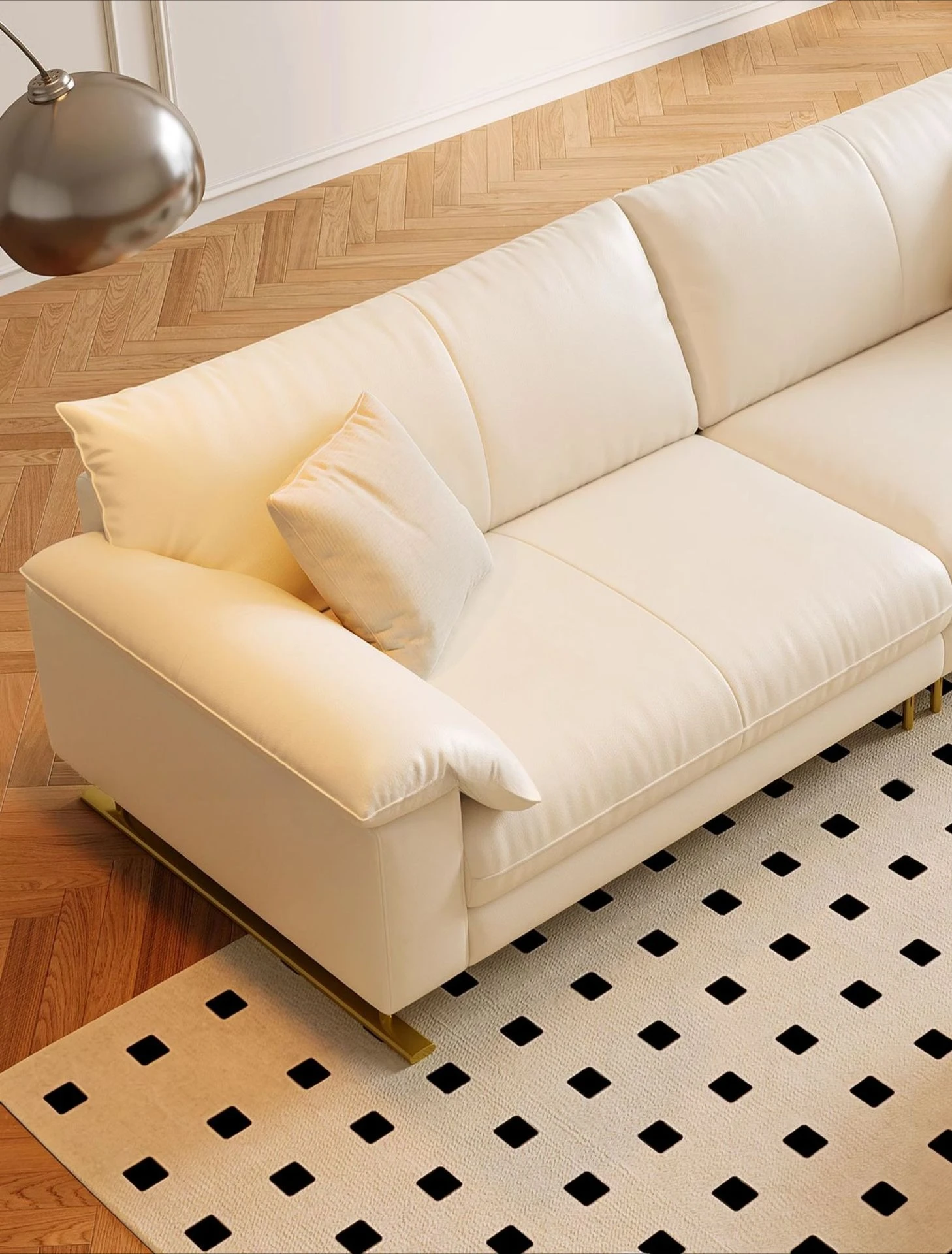 French cream style, first layer cowhide, small living room, modern simplicity, leather sofa