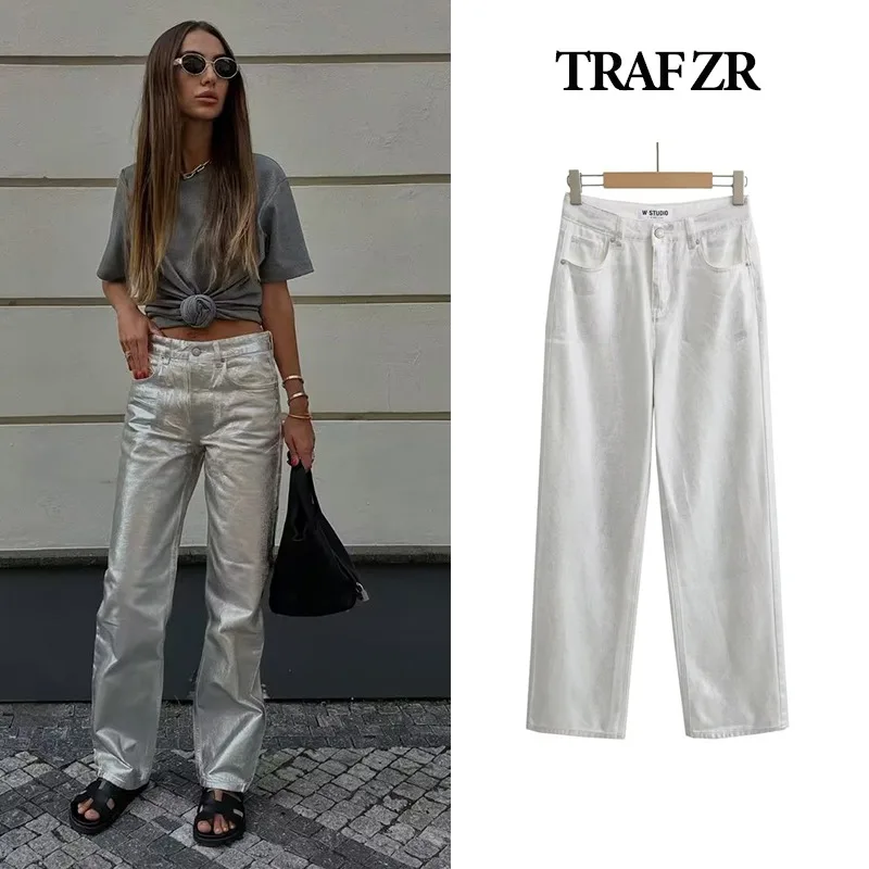 TRAF ZR Women\'s Pants High Waist Full Length Y2k Streetwear Reflective Silver Harajuku Baggy Jeans Denim New  White Pants Woman