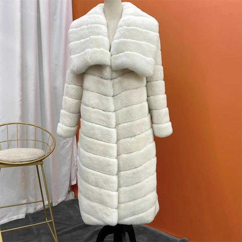 Furyoume, abrigo de piel auténtica, chaqueta de piel de conejo Rex Natural, cuello vuelto largo, prendas de vestir exteriores de lujo, ropa de calle gruesa y cálida para invierno