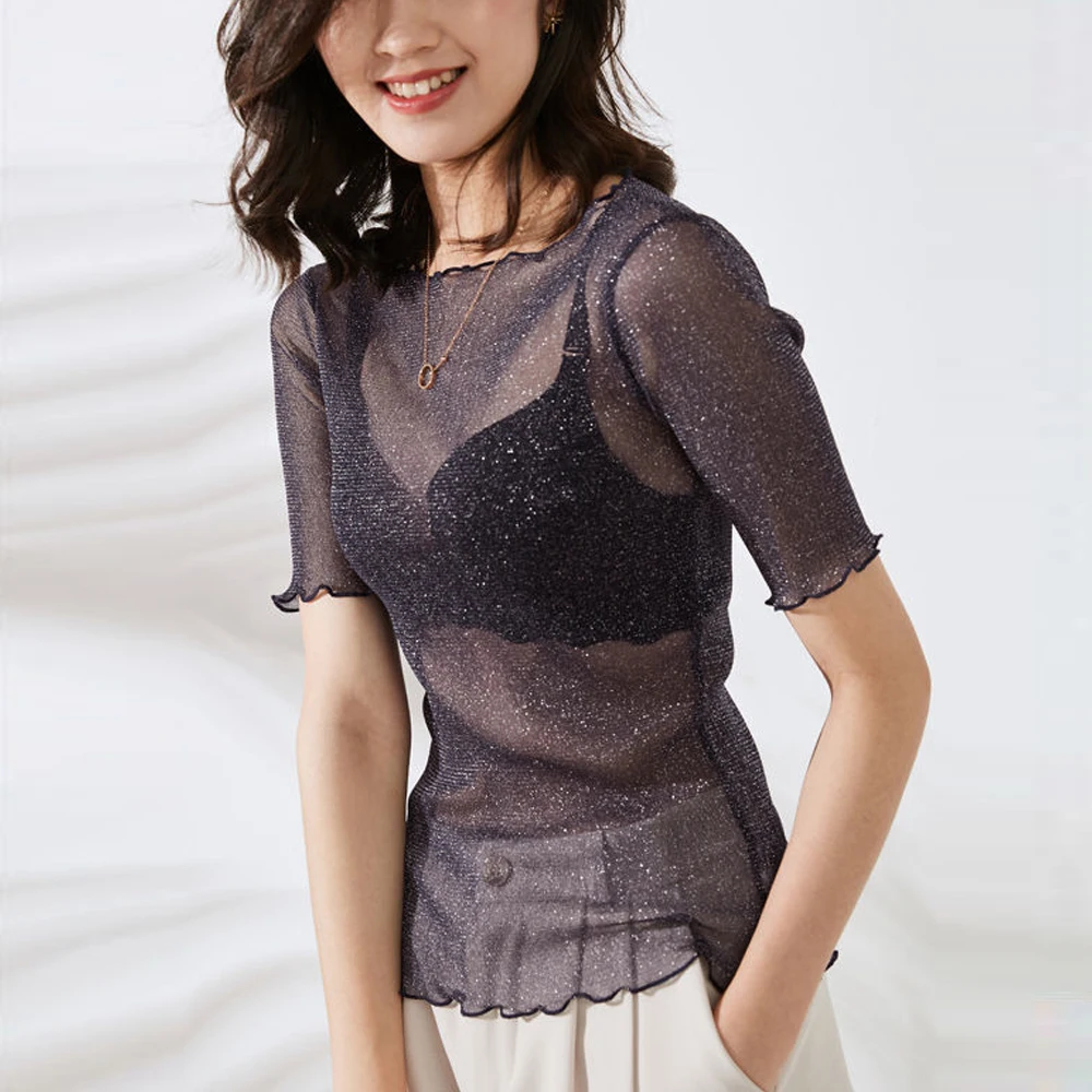 

Women Silver Shiny Transparent T Shirt Short Sleeve Edible Tree Fungus Elastic Blouse 5 Colors Female Blouses S-2XL Sweet Shirt