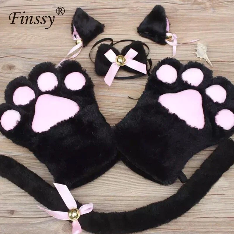 Black/Pink Cat Girl Cute Sweet Kitten Cat Maid Cosplay Role Play Anime Costume Gloves Paw Ear Tail Tie Halloween Party Dress