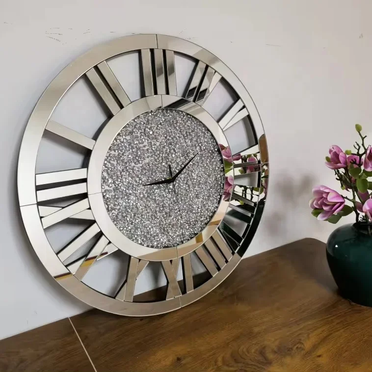 

Modern Shiny Crystal Decorative Wall Clock Mirror Clock For Home Hotel