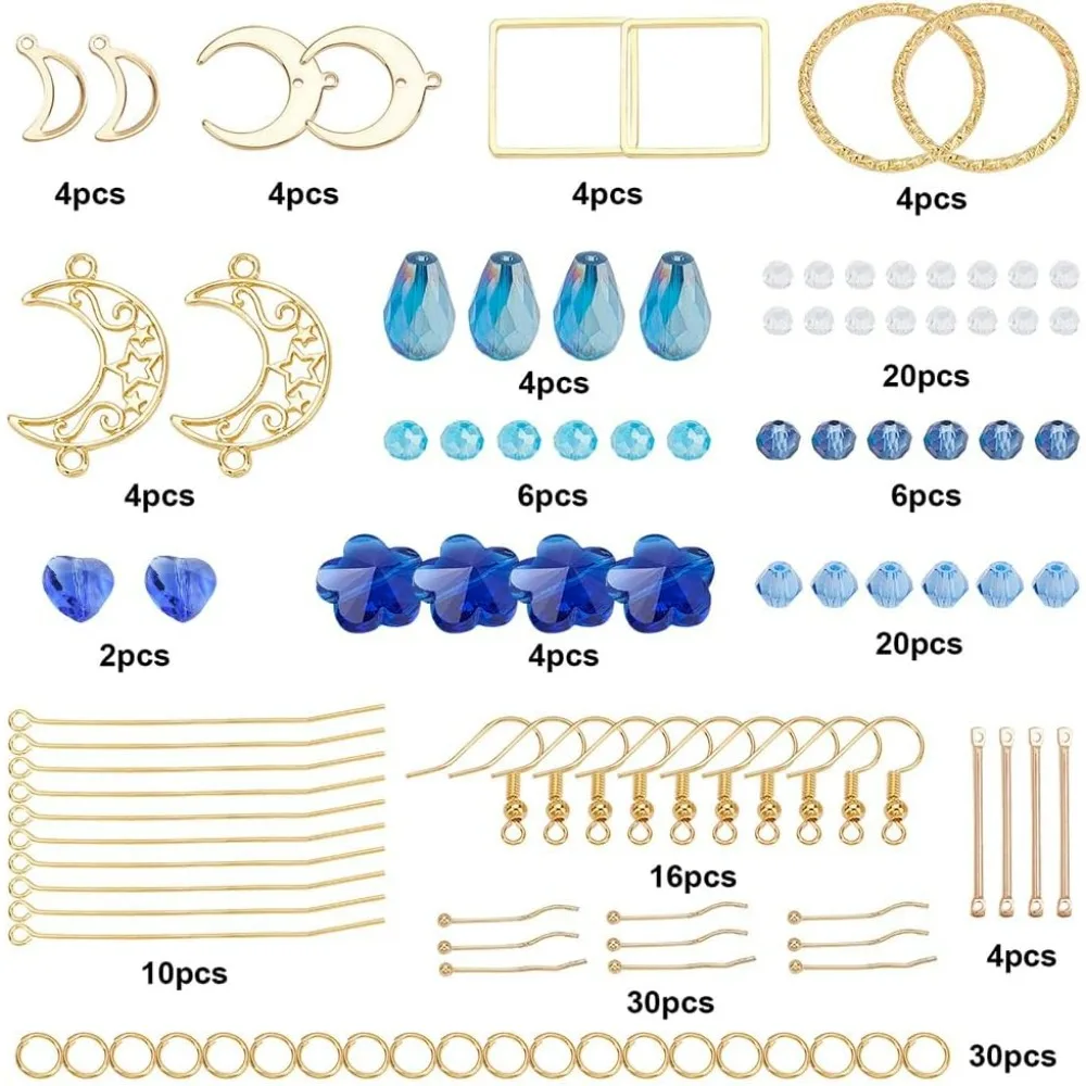 1 Box DIY 8 Pairs Blue Moon Earrings Making Starter Kit Including Moon Geometric Linking Connector Charms Teardrop Flower Beads