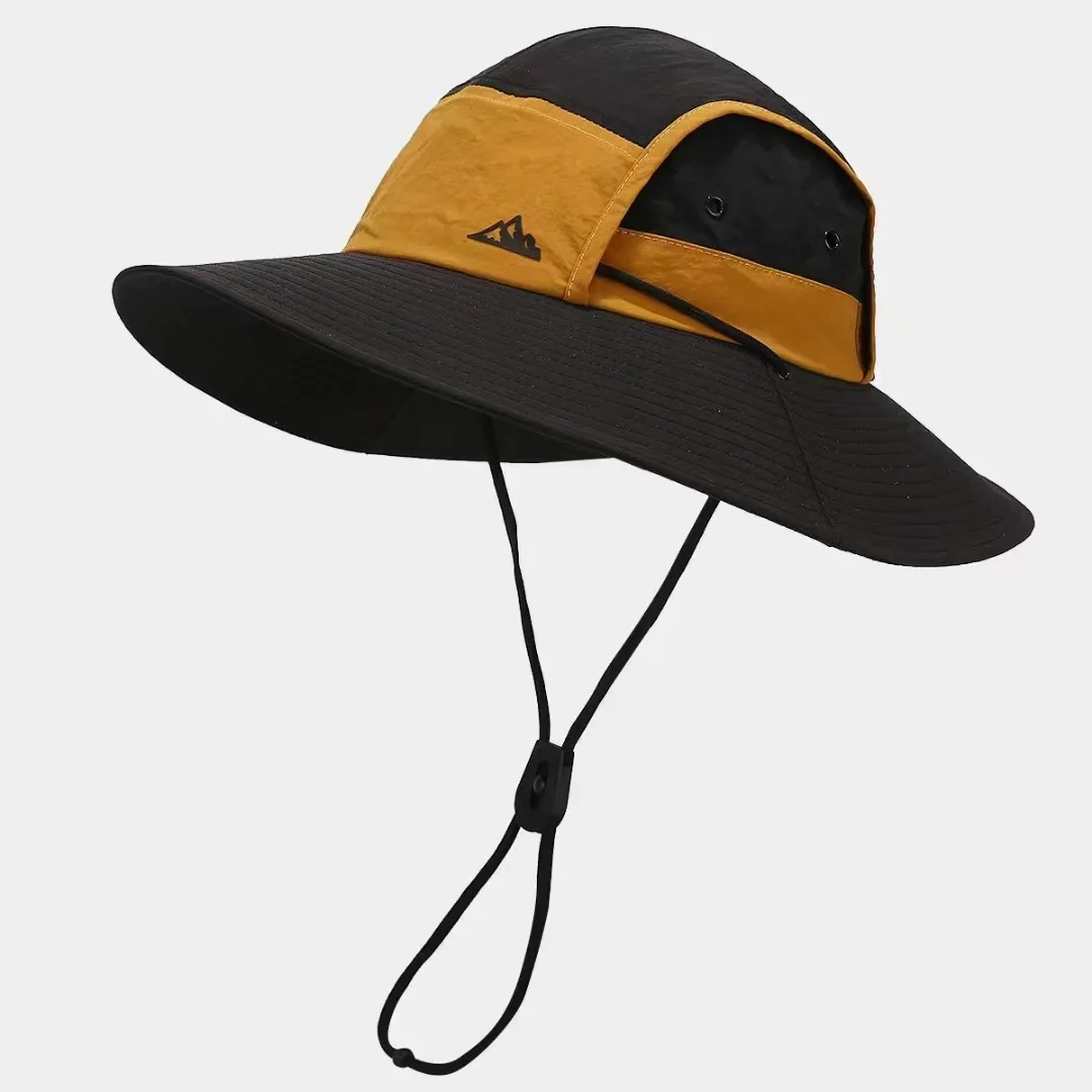 Wide-brim color-block outdoor sun protection mountaineering hat, waterproof and windproof fisherman hat, men's outdoor camping