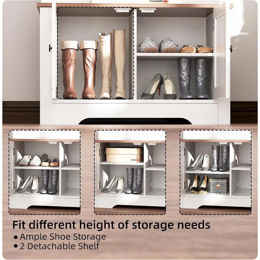 مقعد تخزين الأحذية متعدد الوظائف على طراز المزرعة مع رف معطف و3 خطافات للمدخل #5