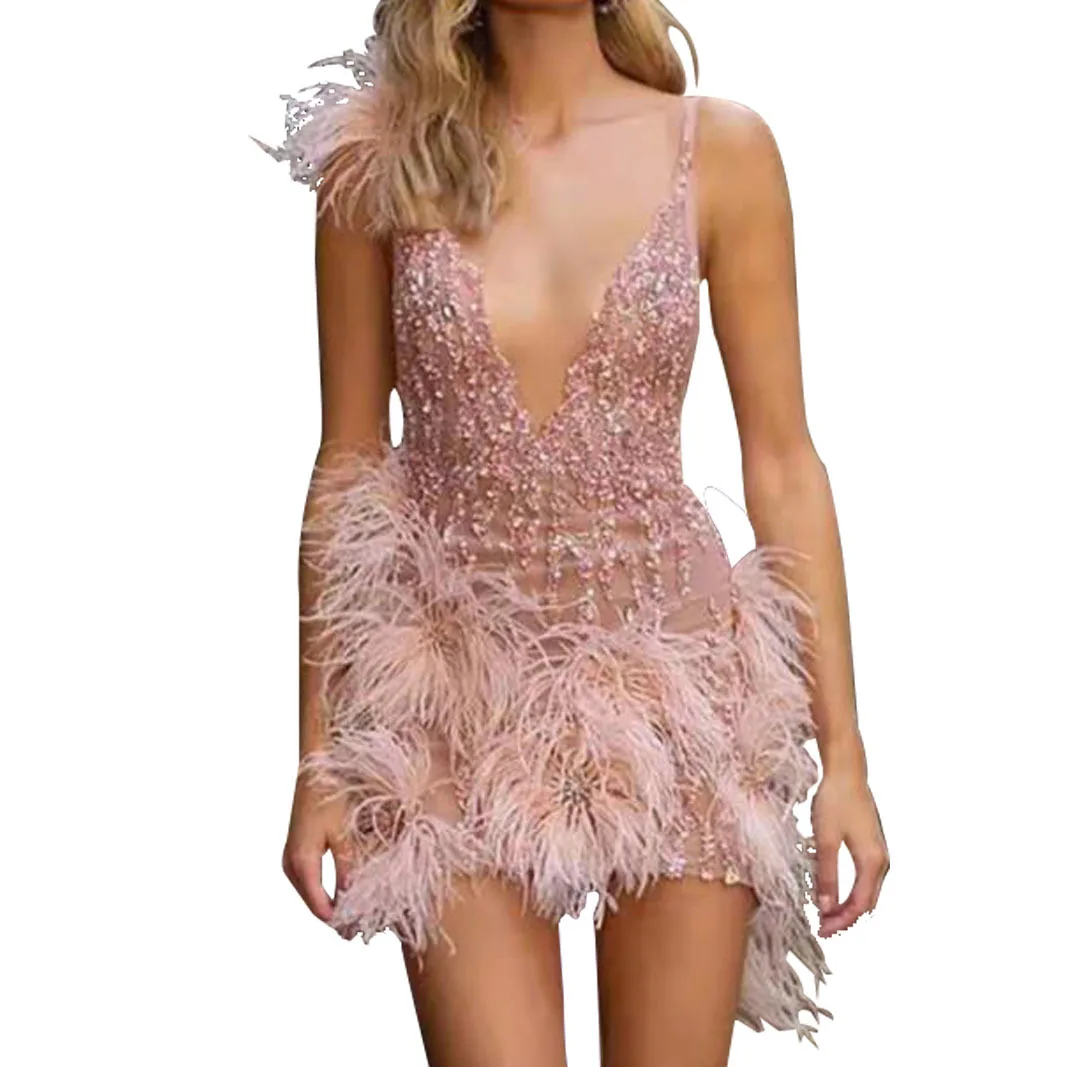 High Quality Pink White Feathers Rayon Tassel Dress Elegant Night Club Party Dress Vestidos