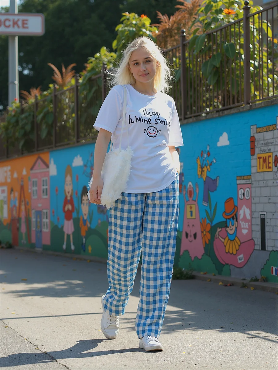 Calças casuais mulher azul rosa xadrez fino ajuste silhueta forma design confortável material macio tecido elástico uso diário básico