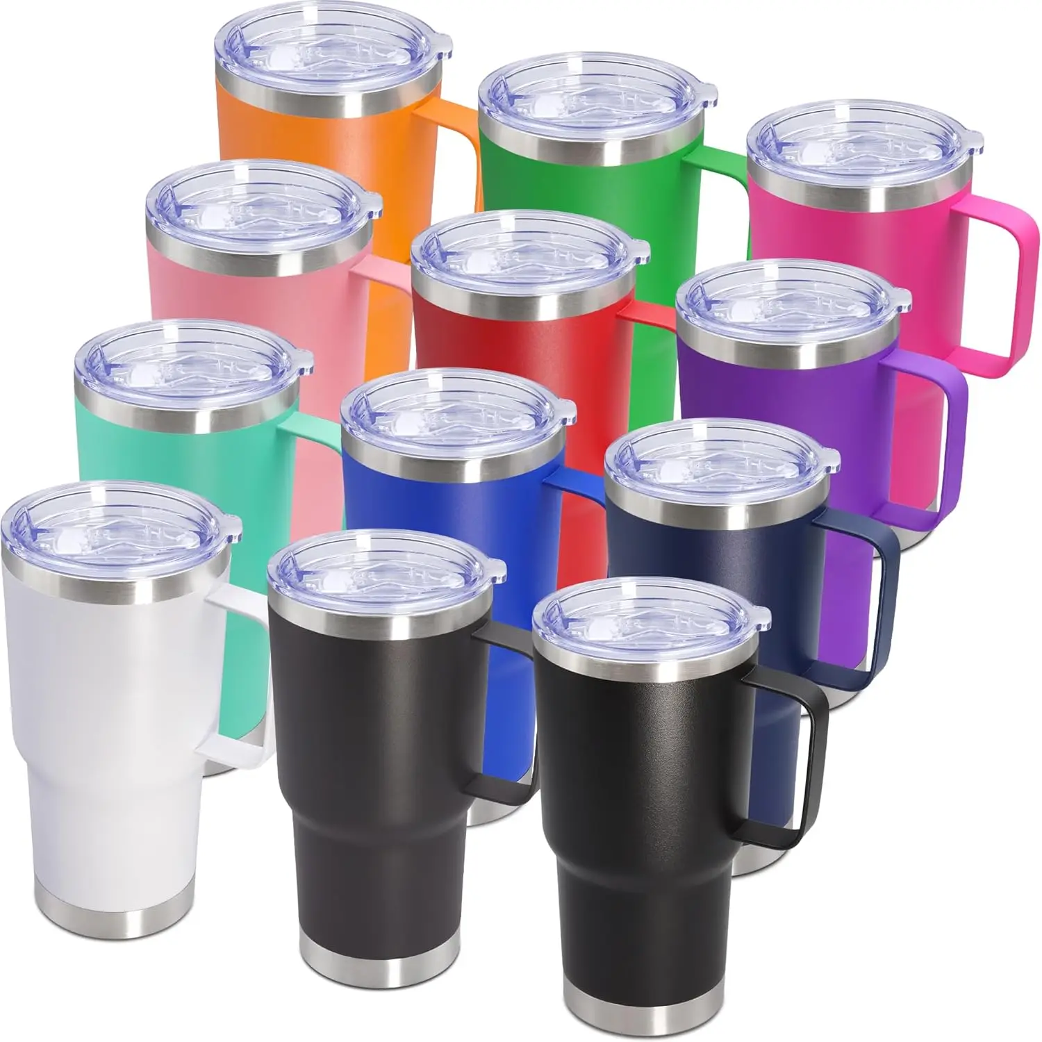 

20oz Stainless Steel Insulated Tumbler with Handle and Lid, Keeps Drinks Hot or Cold, Spill-Proof, 12-Pack