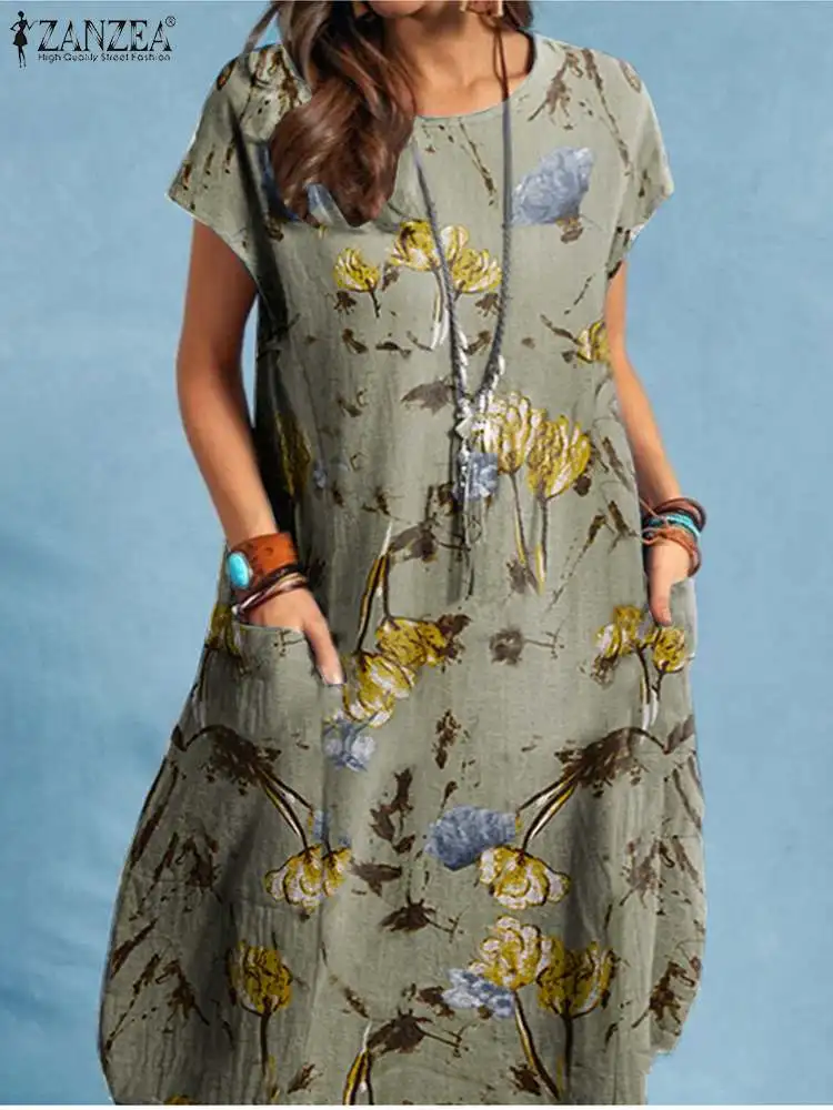 ZANZEA-Vestido de verano con estampado Floral para mujer, traje bohemio de manga corta con cuello redondo y bolsillos, elegante e informal, para vacaciones