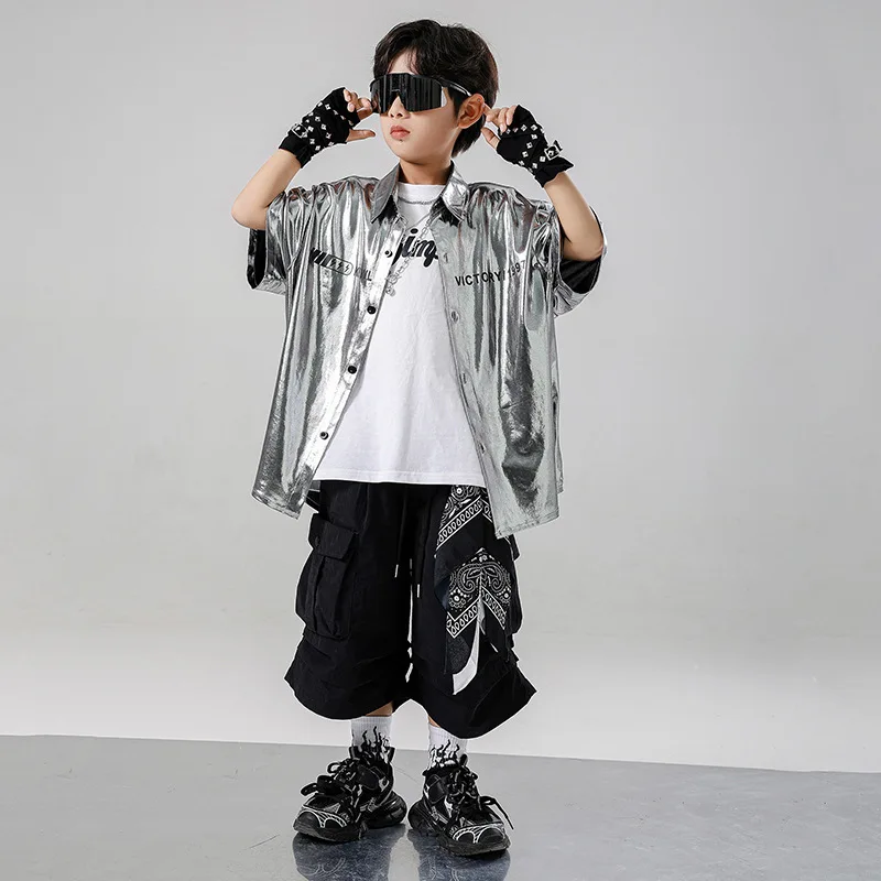 เด็กKpop Hip Hopเสื้อผ้าเงินเสื้อสีดําฤดูร้อนกางเกงขาสั้นจีบกระโปรงกางเกงขาสั้นสําหรับGirl Boy Jazz Danceเครื่องแต่งกายเสื้อผ้า