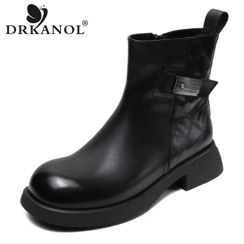 DRKANOL British Style Women Thick Heel Boots 2024 Autumn Winter Genuine Leather Side Zipper Round Toe Metal Ankle Chelsea Boots