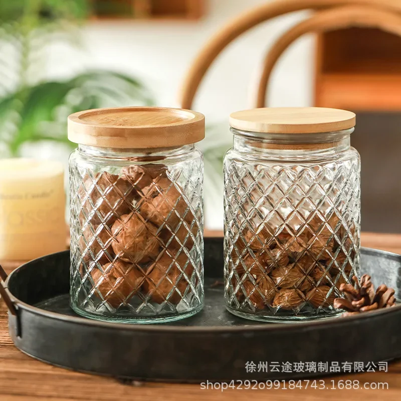 Embossed Glass Sealed Jar Household Kitchen Multi-grain White Sugar Dried Fruit Snack Storage Jar Tea Glass Container Home Decor