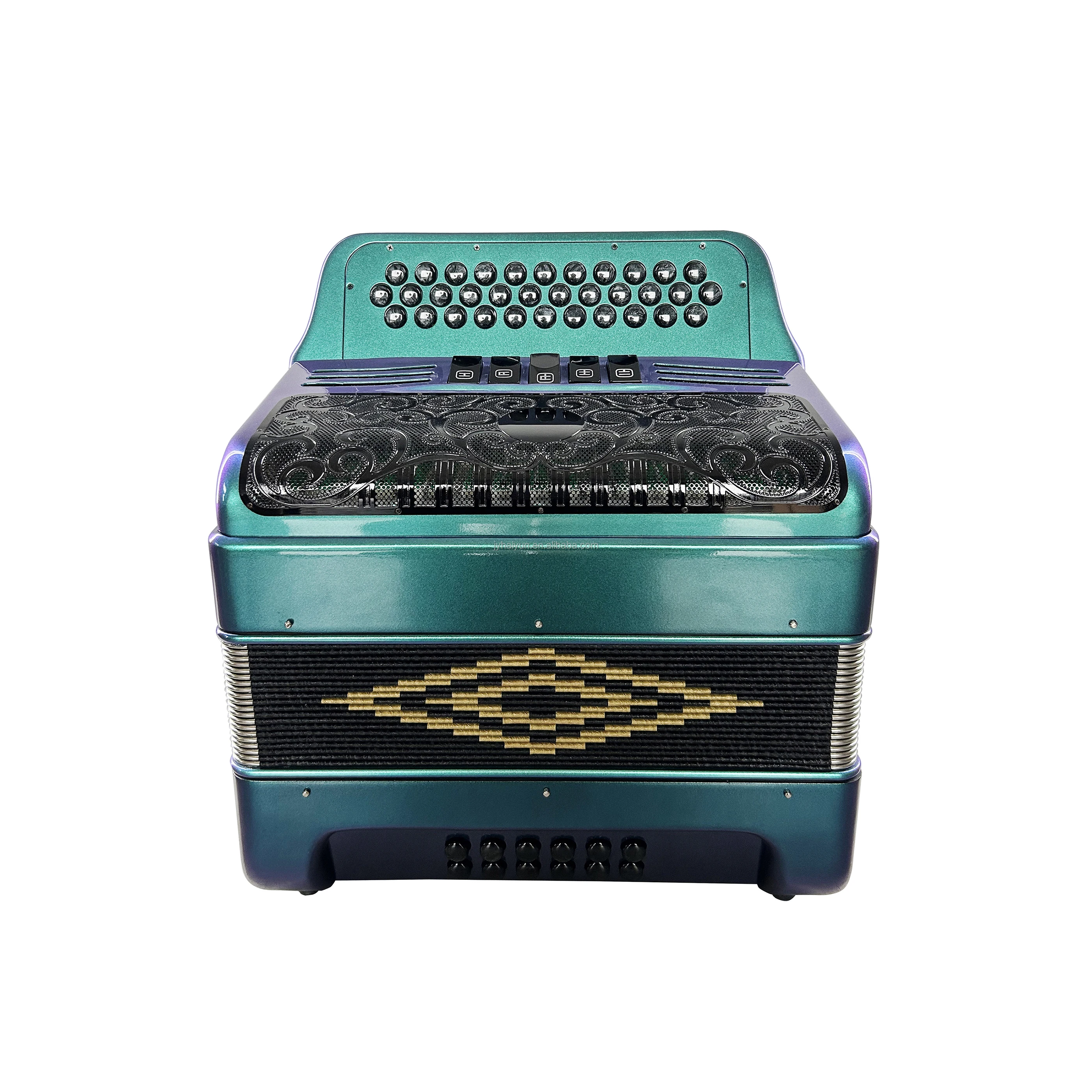 Professional Diatonic Accordion JB3412D 34-Button 12-Bass 5-Registers Green Chameleon with Black Buttons and Grill