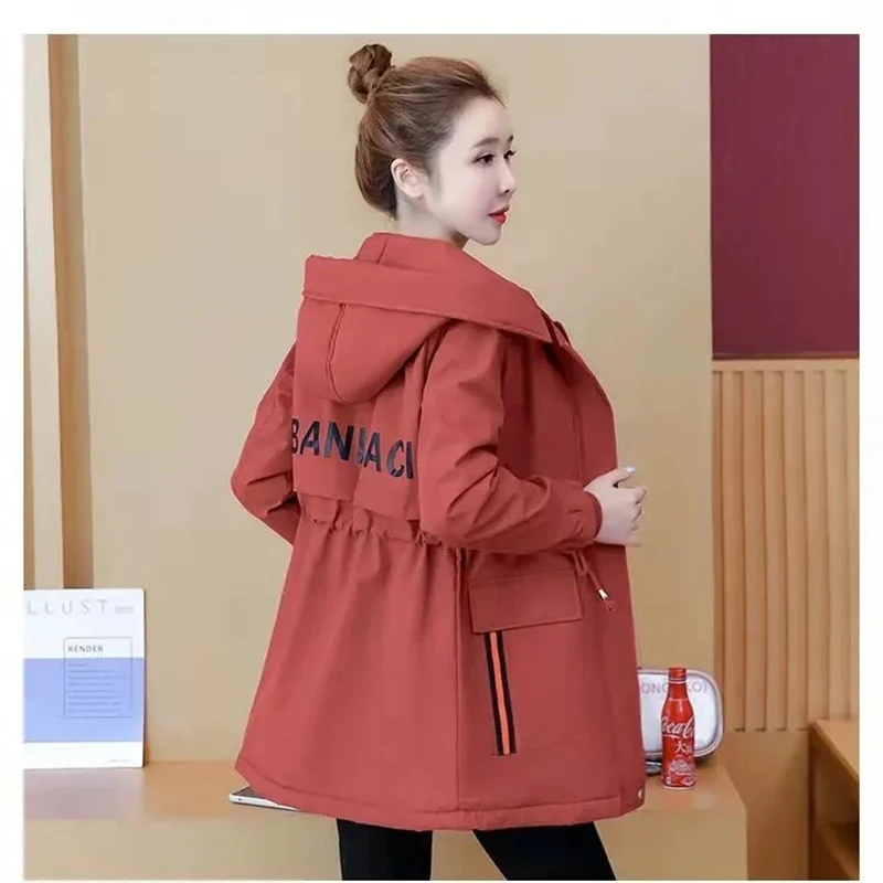 2025 Fashion New Korean All-match Hooded Women Trench Coat Autumn Windbreaker Winter Jacket Thick Warm Fleece Mid-Length Outwear