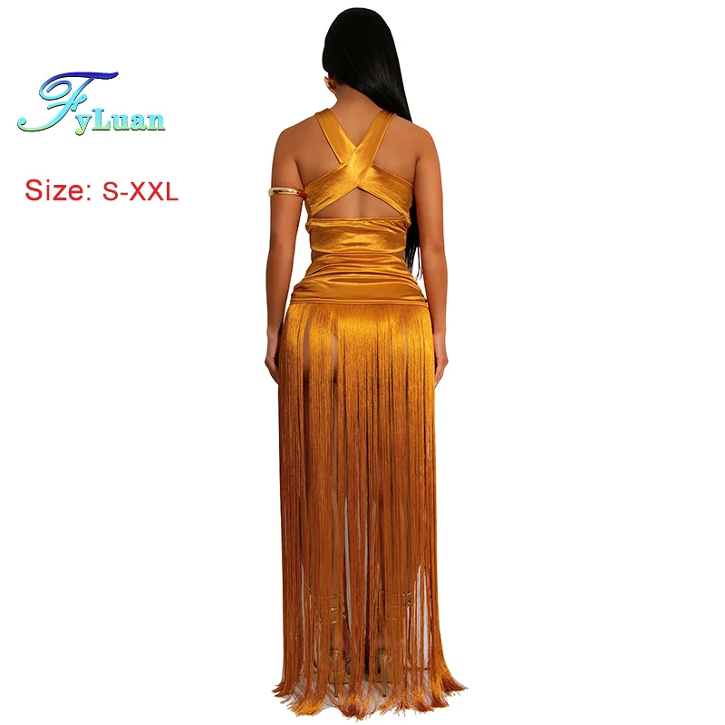 Fashion Women Clothes Sexy Top Tassels Long Dress Two-Piece Set Solid Color Suspender Skirt Sets Cocktail Prom Nightclub Clothes