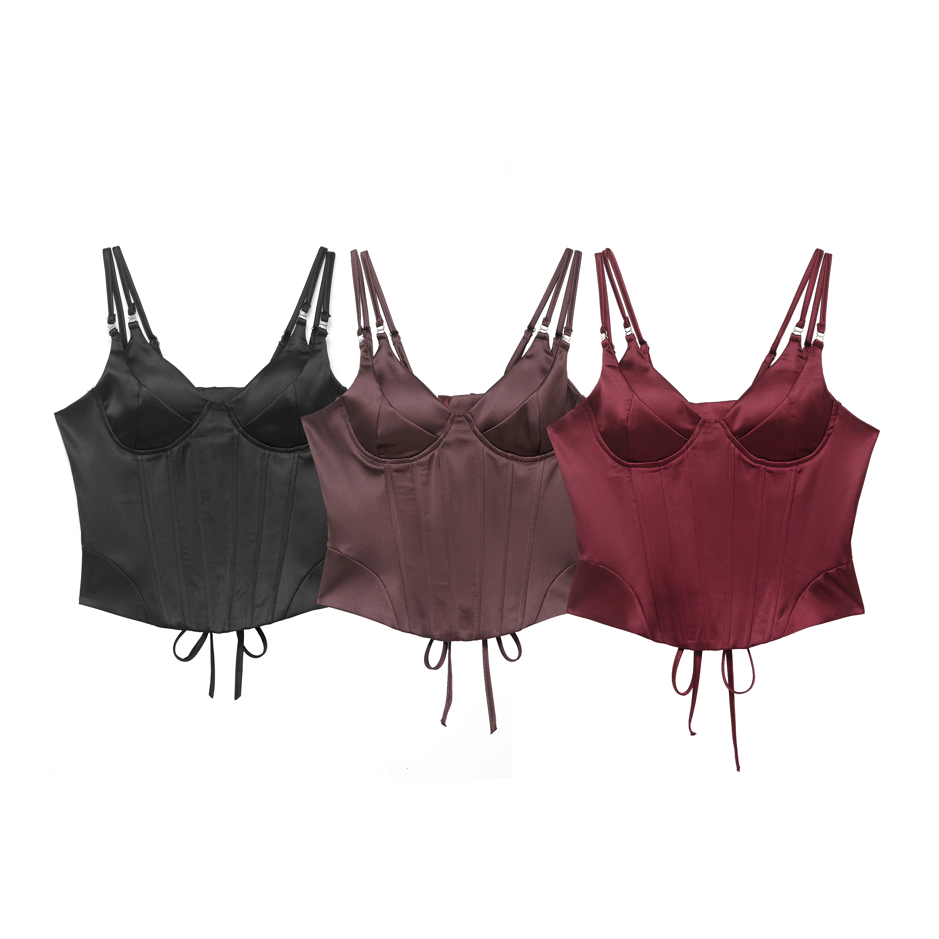 3 colors Sexy Satin With Chest Pad Wire Corset Camis Women Cross Lacing up Bandage Bow Back Crop Top Ribbon Camisoles Bra Tank
