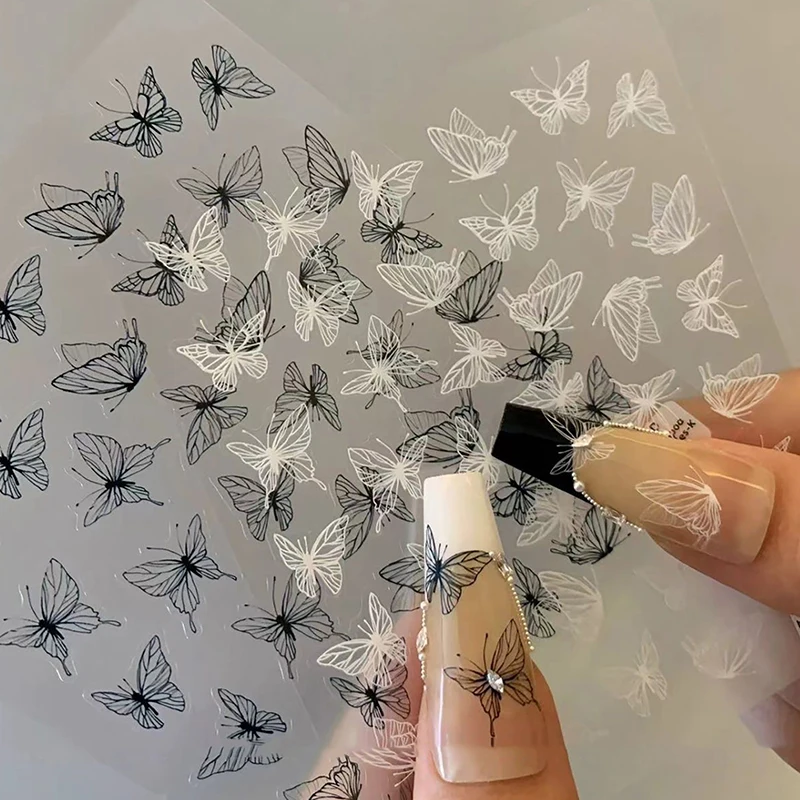 Hand Drawn Liquid Butterfly Nail Art Sticker Ultra-Thin Slide Decoration Transparent Decals Black/White Self Adhesive Sticker