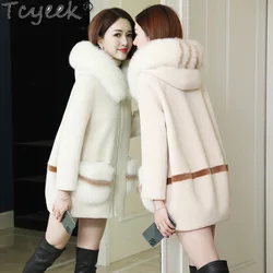 Tcyeek 100% Wool Coat Women Clothes Warm Fox Fur Collar Winter Women's Fur Jacket Grain Sheep Shearling Coats Пальто Женское