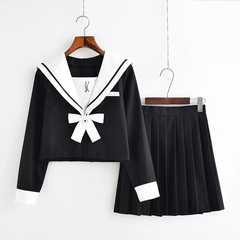 Hot Sale School Girl Navy Sailor School Uniform with White Bow Tie JK Japanese Sailor Uniforms Student Cosplay Costume Suit