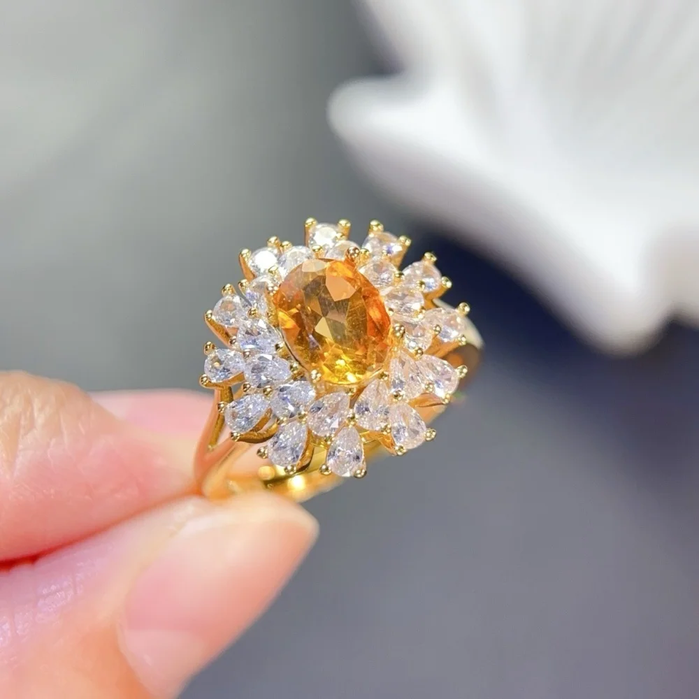 S925 6×8mm Sterling Silver Natural Citrine Gemstone Ring for Women Fashion Healing Jewelry Stylish Accessory Sweet Gift