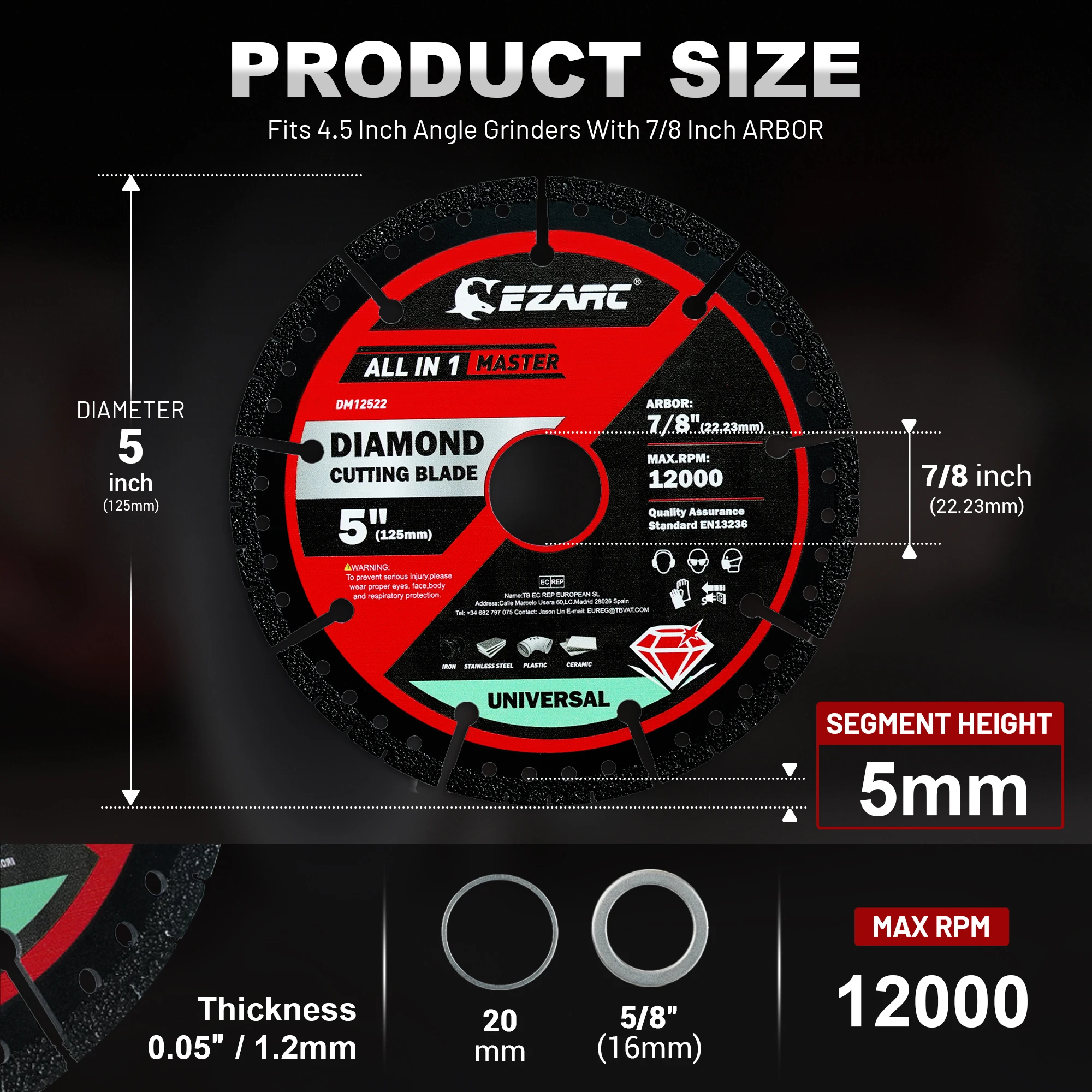 EZARC 2Pcs 5-Inch Diamond Saw Blades, Multi-purpose Diamond Cutting Wheel for Metal Tile Plastic Concrete, Up to 12000 RPM