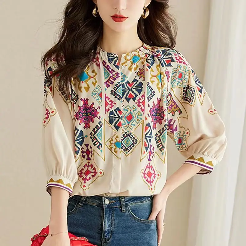 Elegant Summer Fashion Loose Single-breasted Printing Blouse Women 3/4 Sleeve Slim Office All-match O-collar Chiffon Lady Shirt