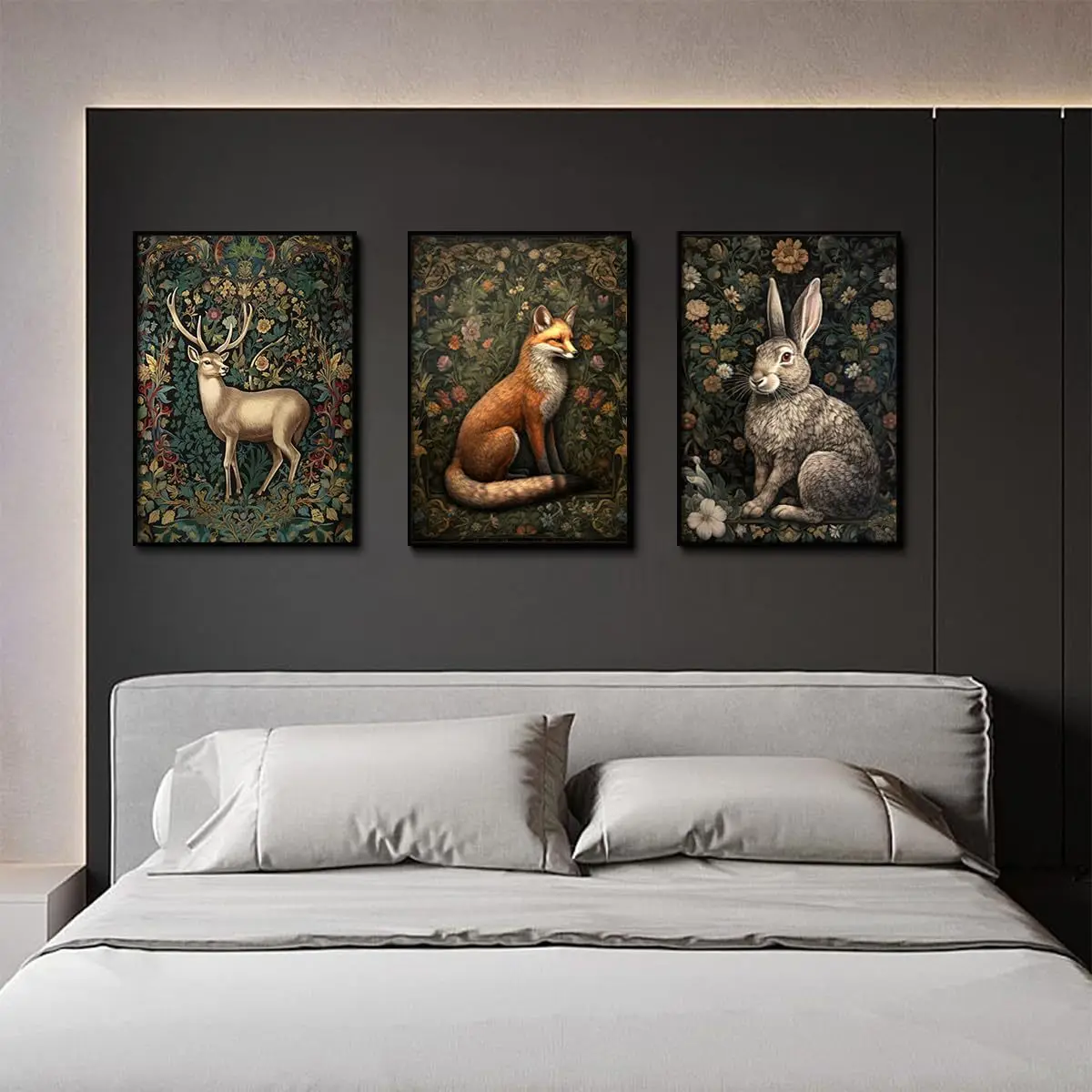 

Animal poster fox rabbit sika deer three-piece decorative living room bedroom canvas painting