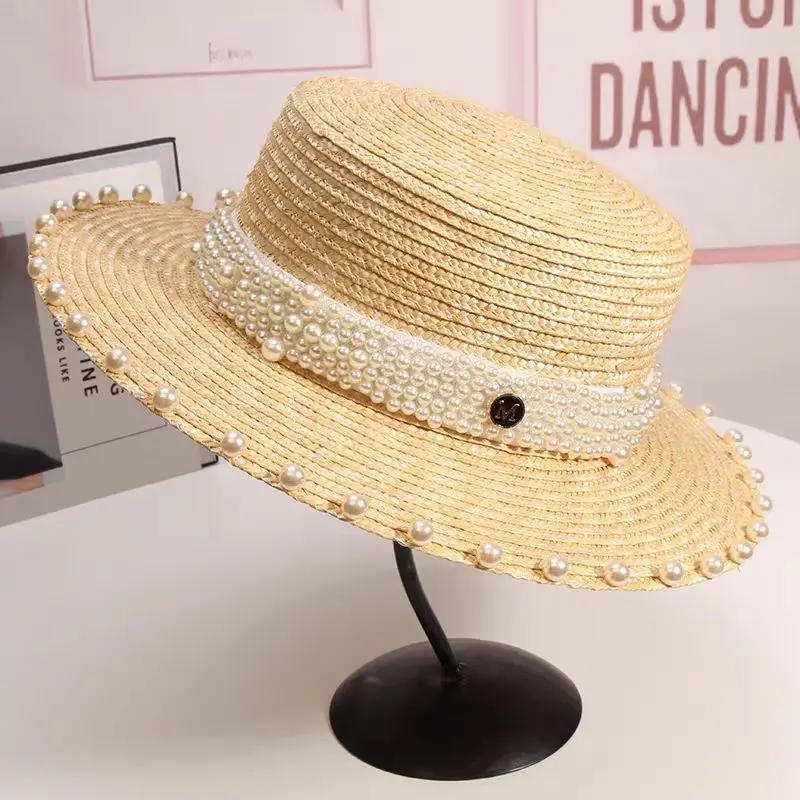 women straw boater hat natural wheat straw top hat flat hat pearl decoration straw hat Beach Flat Brim Cap handmade straw hat