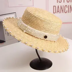 women straw boater hat natural wheat straw top hat flat hat pearl decoration straw hat  Beach Flat Brim Cap handmade straw hat