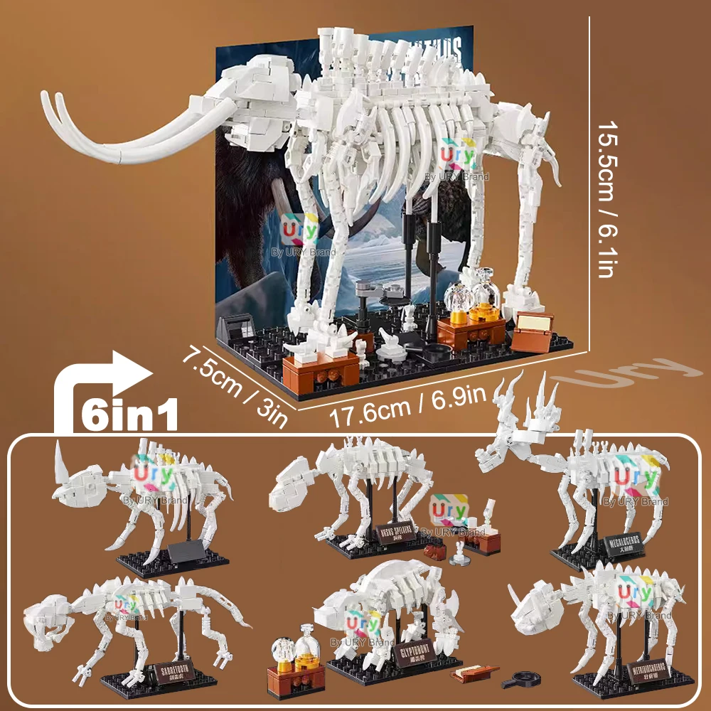 6in1 Museum of Ice Age Fossil Animals Mammoth Sabre Wulf Cave Bear Elasmotherium Glyptodont Set Building Blocks Toy for Kid Gift