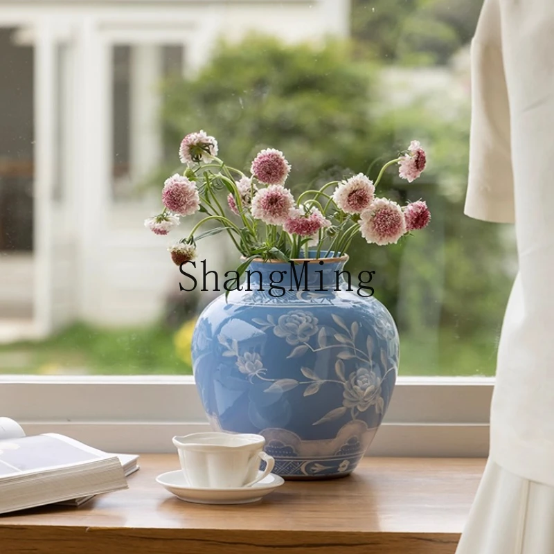 FG Home Living Room Entrance Premium Ornament Hand Painted Peony Smoke Blue Flower Ornament