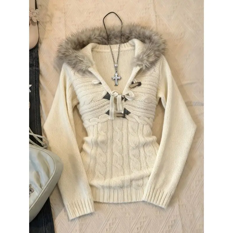 

Korean Fashion Fur Collar Hooded Cable Knit Sweater Women Elegant Casual Slim Fit Casual Long Sleeve Soft Style Tops 2026 New