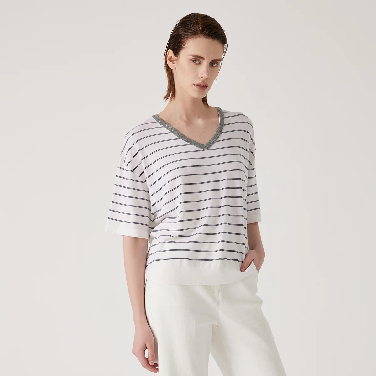 BD3511191 femmes été laine soie hauts à rayures vêtements de luxe confortable respirant chandails t-shirts tricotés