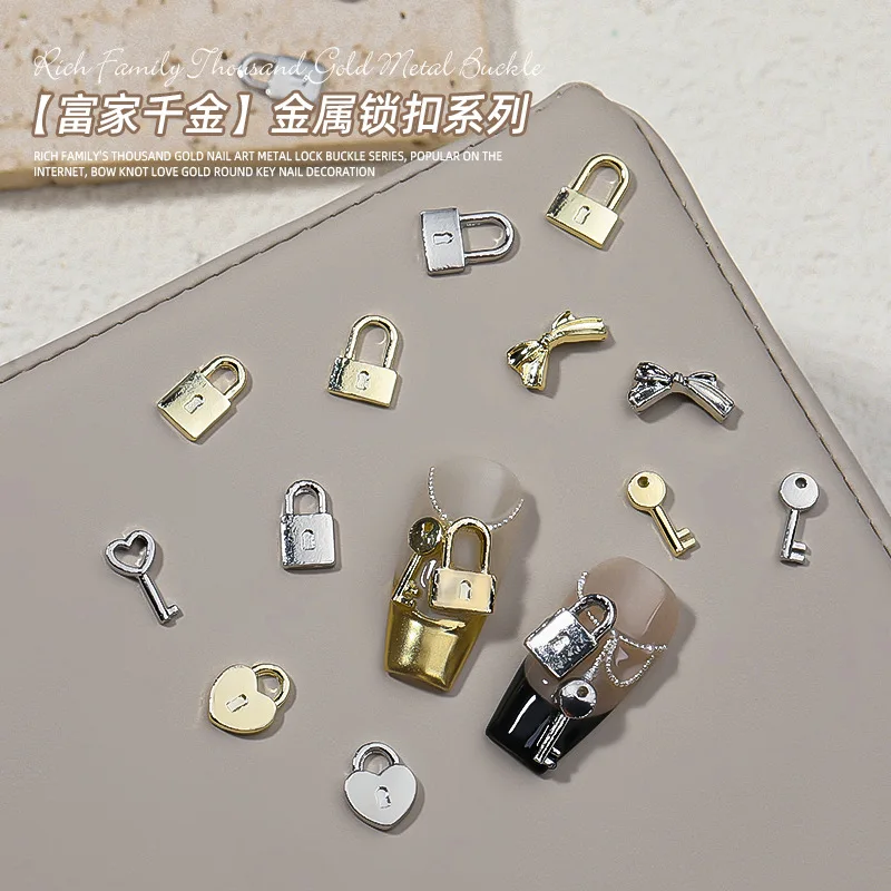 20PCS Mini Alloy Love Key Lock Bow Ribbon Luster Gold Silver Metal Nail Art Decoration Slider Manicure Parts Supplies Charm 3D