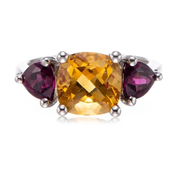 8mm Citrine and Rhodolite on rhodium silver ring