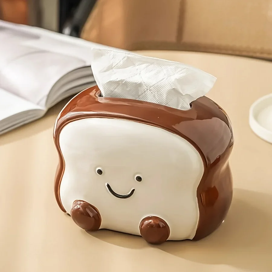 Toast Ceramic Tissue Box Holder Smiling Bread Tissue Box Paper Storage for Living Room Bedroom Kitchen Decor Desktop Ornament