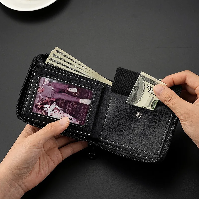 pu leather men's wallet fashion retro color collision splicing large capacity zipper anti lost wallet