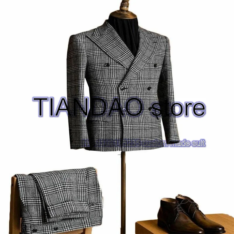 Plaid Men's Suit 2 Piece Double Breasted Point Lapel Jacket Set Business Office Workwear Wedding Tuxedo Male Blazer